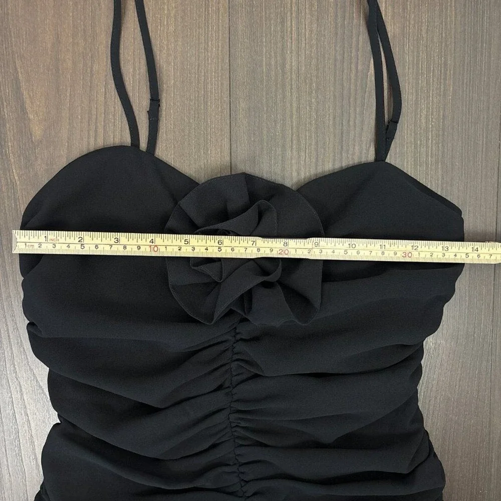 Dynamite Black Mini Dress Women's XS Ruched Rosette Strap Bodycon NWT Cocktail‎